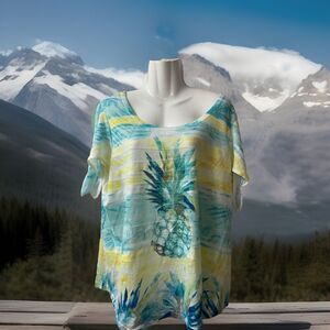 Time & True Womens Top XL Short Tie Sleeve Sequin Pineapple Tropical Fruit
